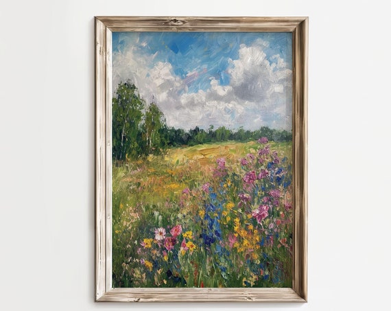 Midcentury Vintage Abstract Wildflowers Field Blue Sky Art Print For Living Room Wall Decor Prints Trendy