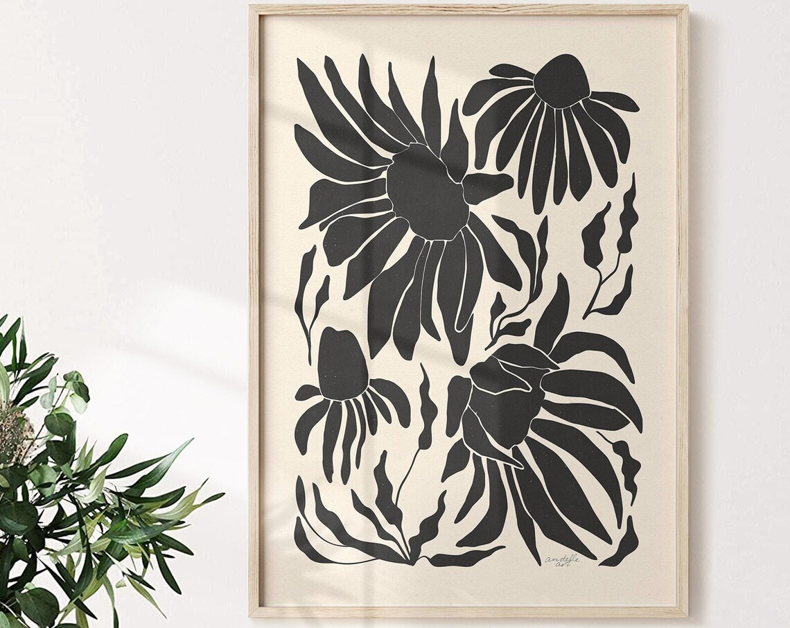 Abstract Floral Art Print, Black Beige Botanical Decor