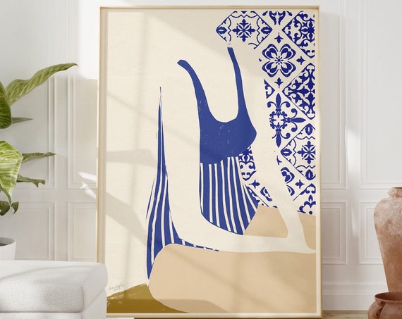 Abstract People Art Print Boho Minimalist Blue Decor