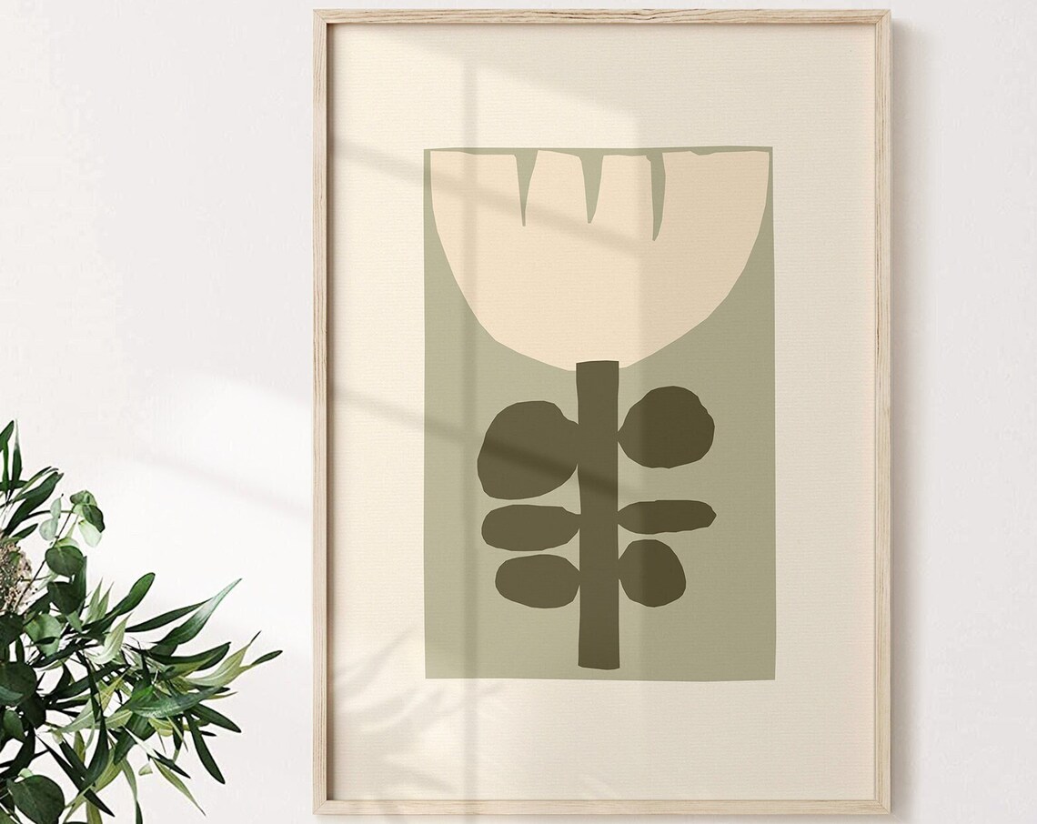 Sage Green Minimalist Flower Print, Botanical Art