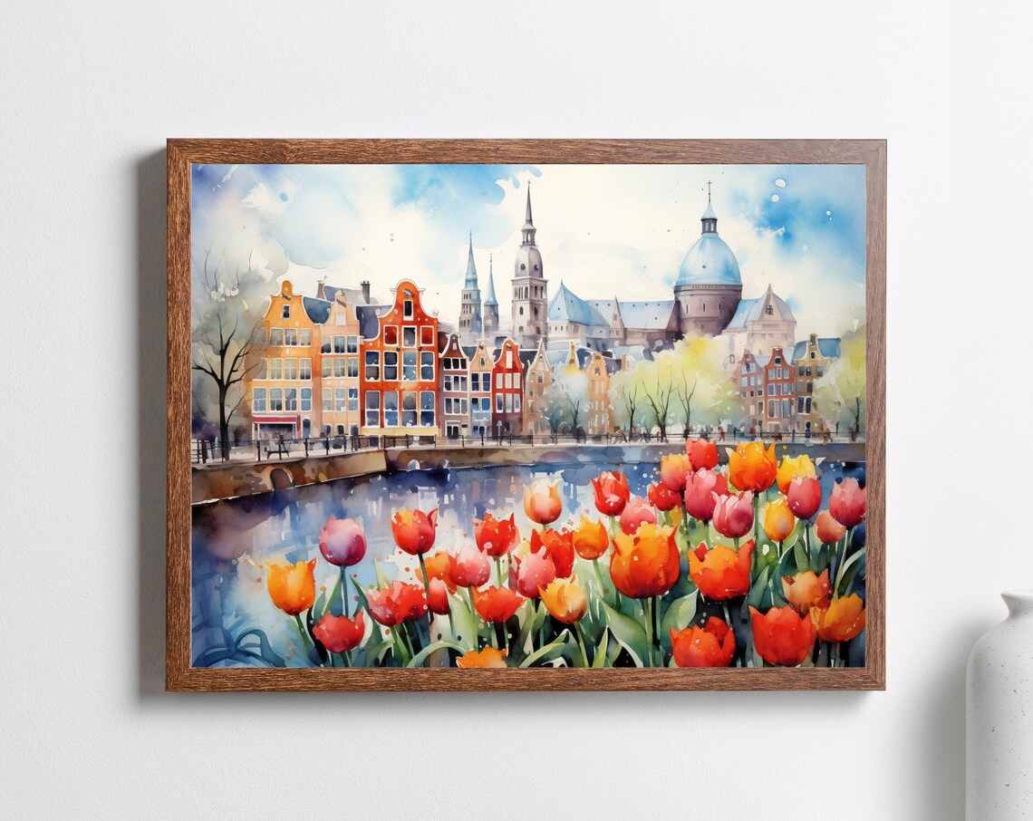 Amsterdam Tulips Watercolor Travel Poster, Europe