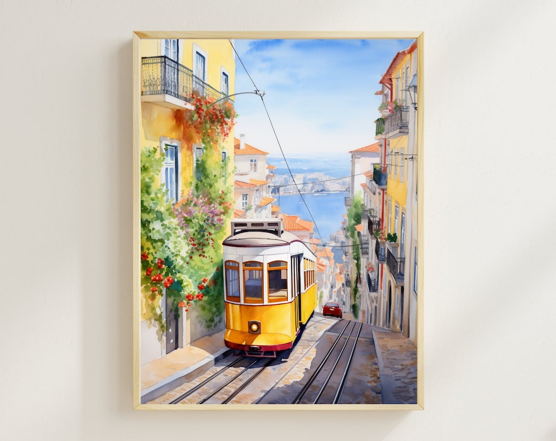 Lisbon Tram Watercolor Travel Poster, Portugal