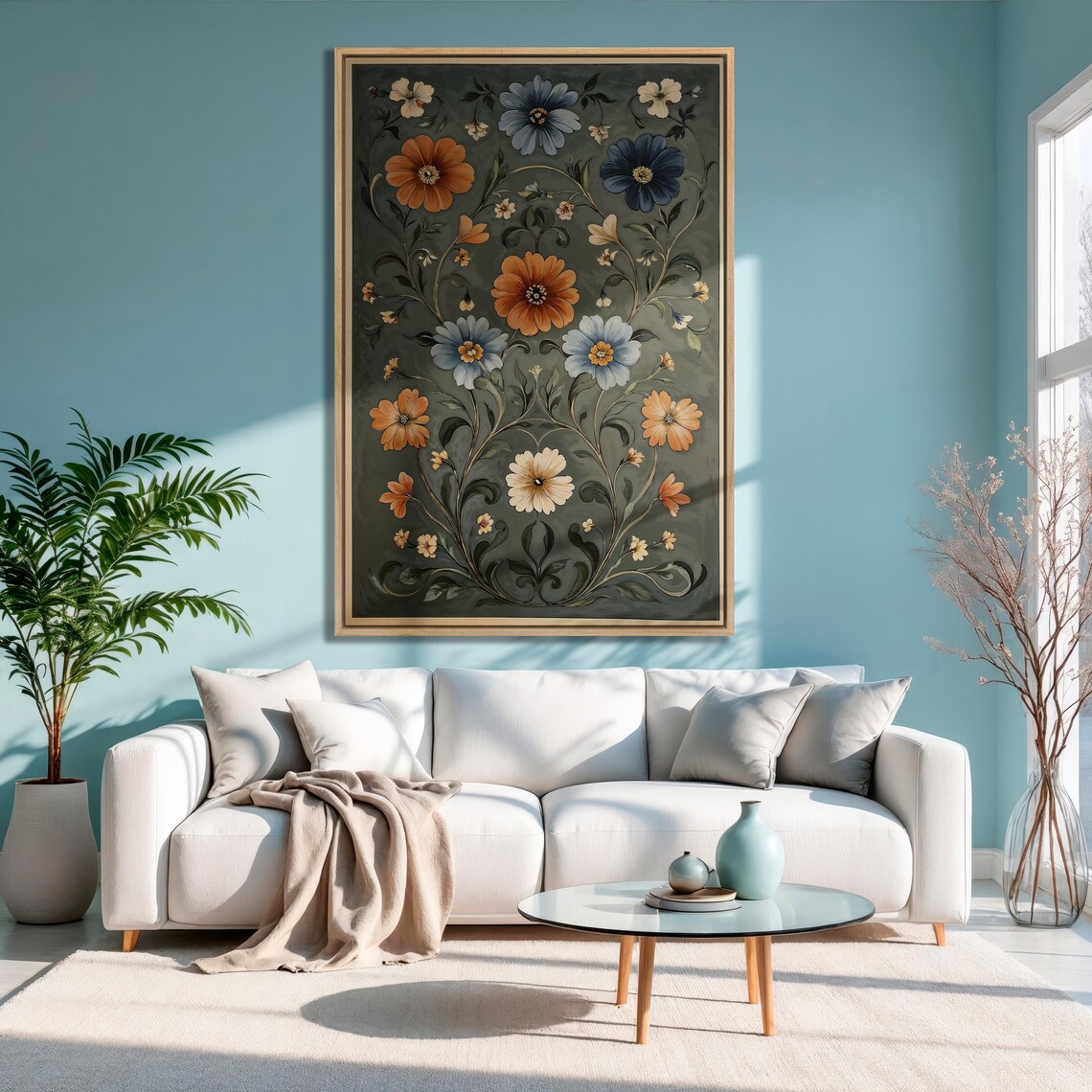 Vibrant Wildflowers in Blue and Orange on Sage Green Art Print - Image 3