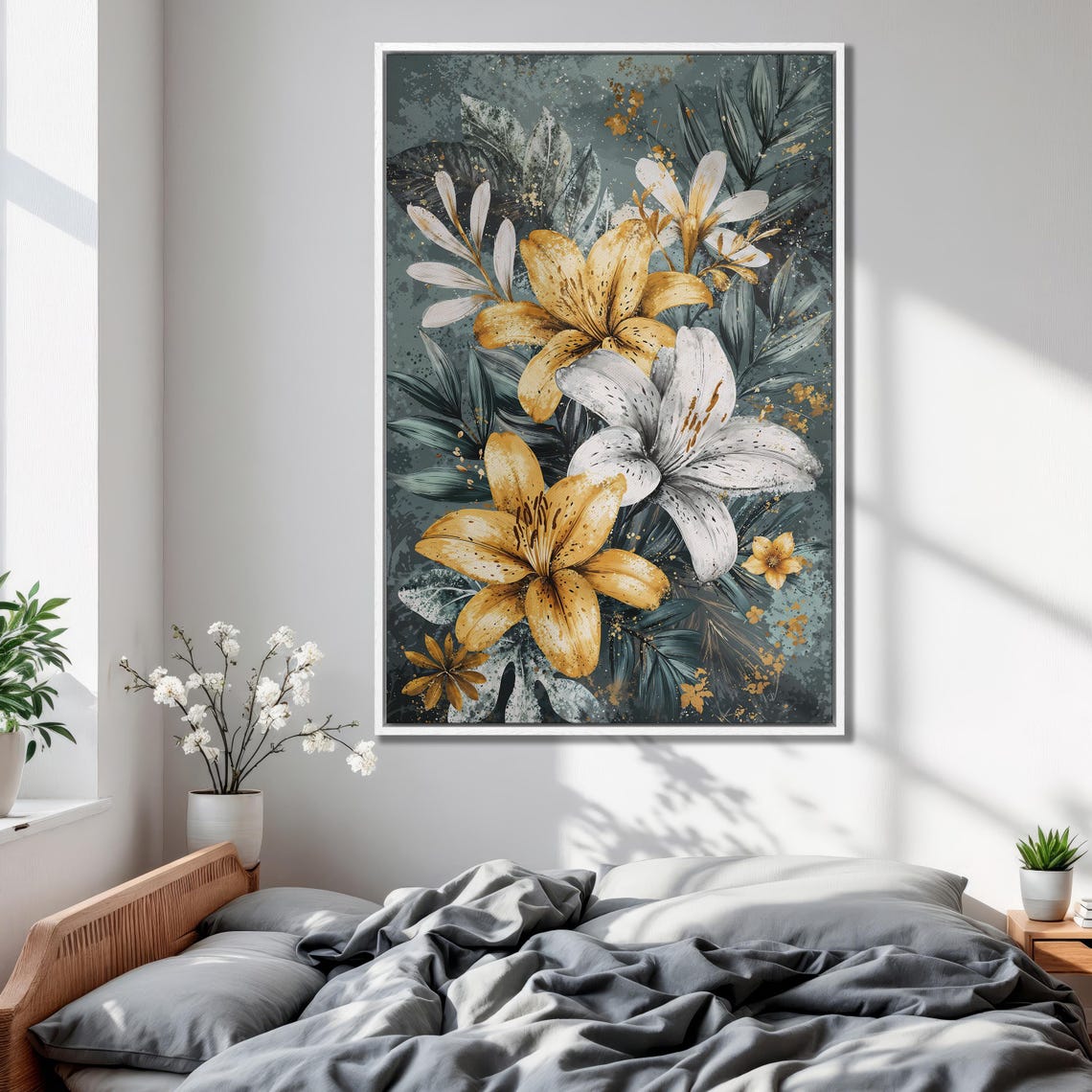 Golden and White Lily Bouquet on Dark Teal Botanical Art Print - Image 2
