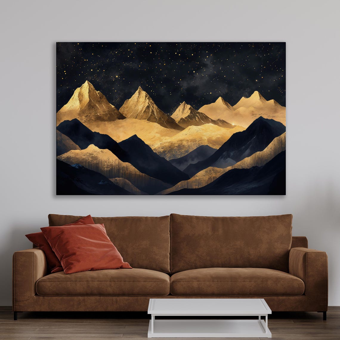 Night Mountain Landscape Wall Art Starry Sky Painting Print Black And Gold Modern Wall Decor Abstract Nature Art Poster Ready To Hang - Image 2