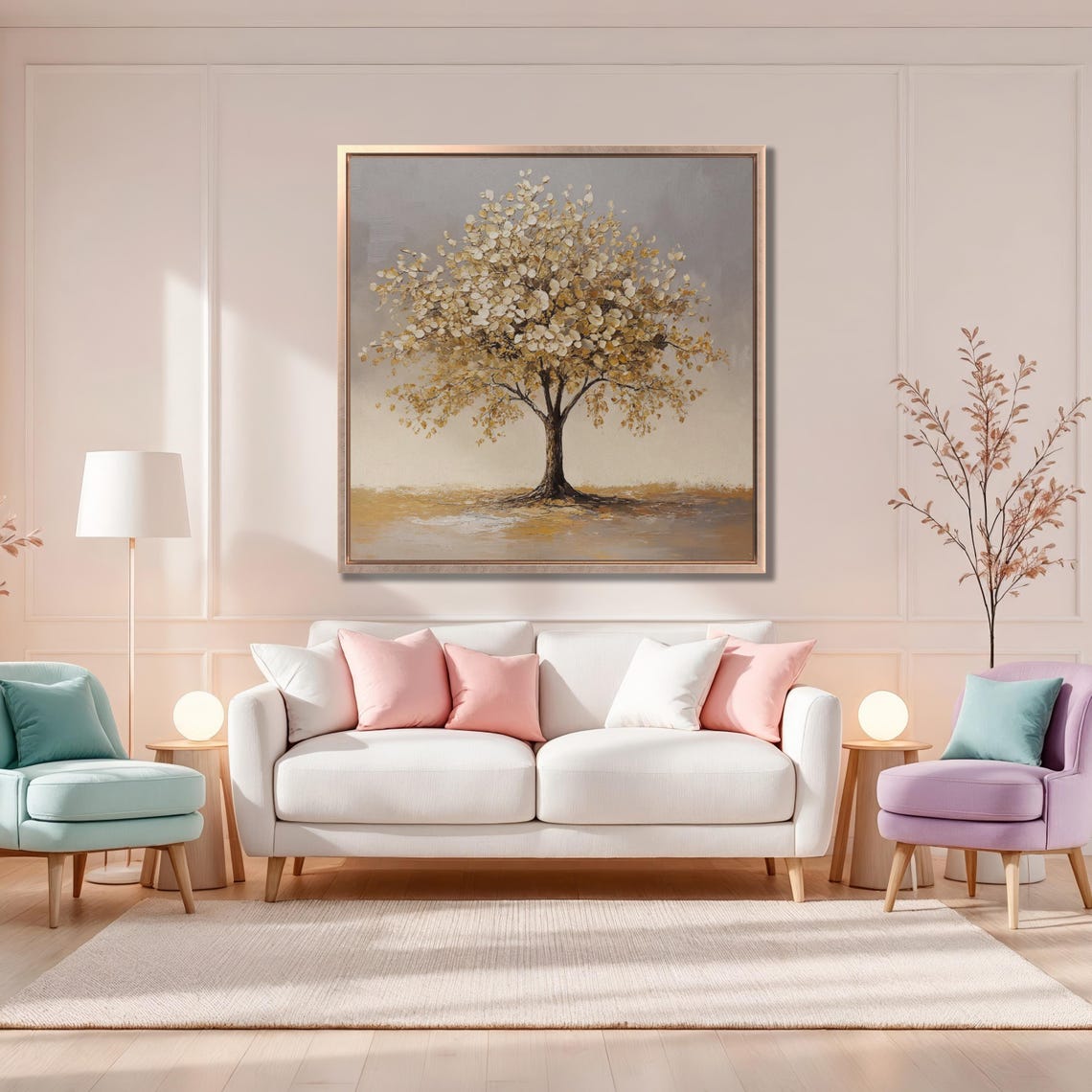 Elegant Cream and Gold Leaf Tree Abstract Nature Painting Wall Art - Image 5
