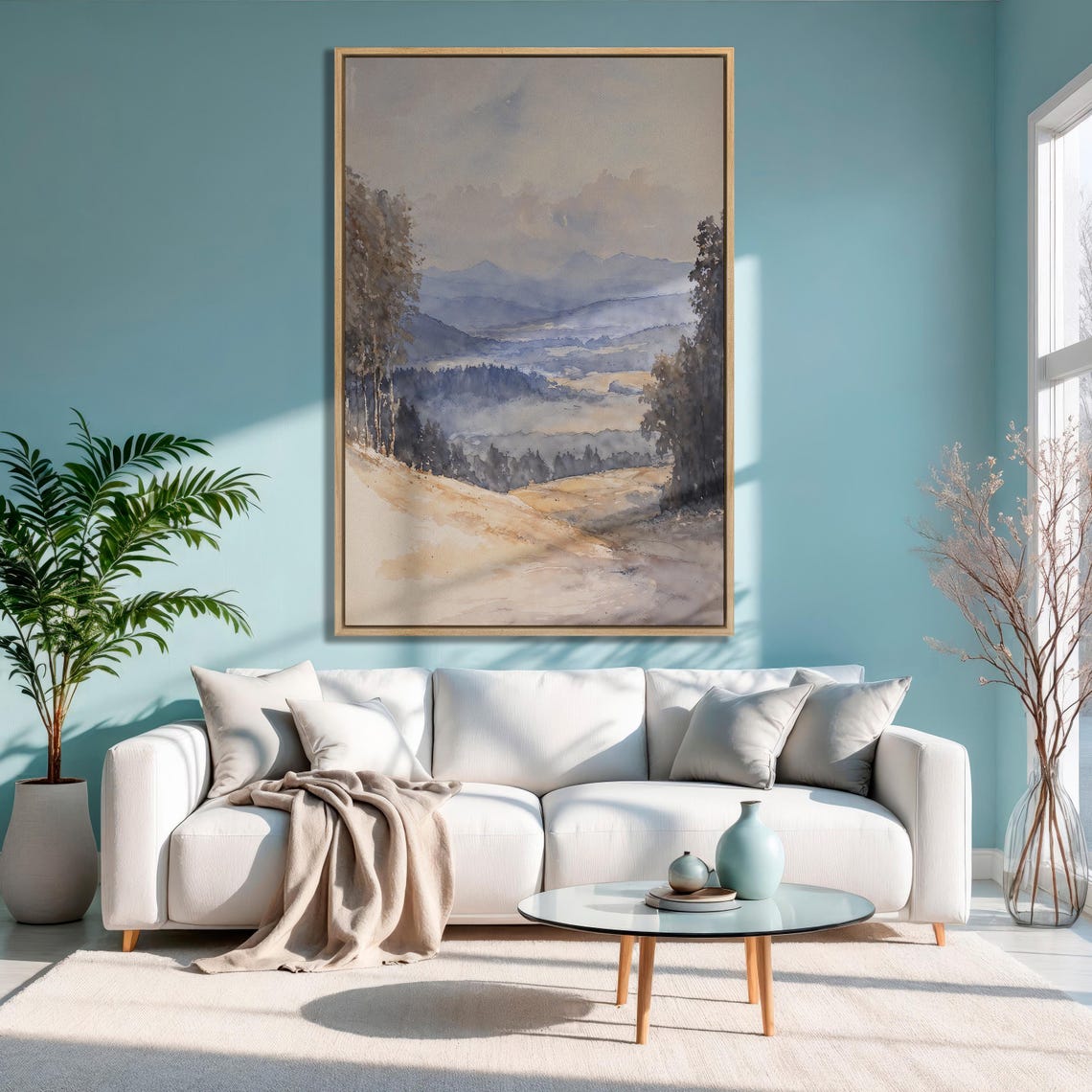 Golden Sunlit Hillside View Over Misty Blue Mountain Ranges Poster - Image 3
