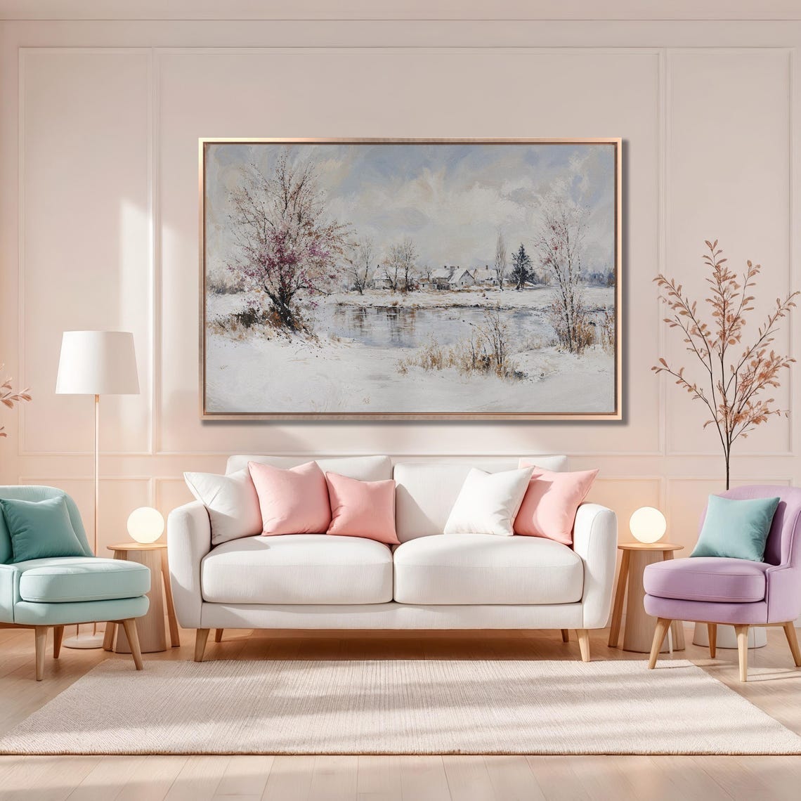 Winter Village Beside A Frozen Lake With Snowy Trees Landscape Poster - Image 4