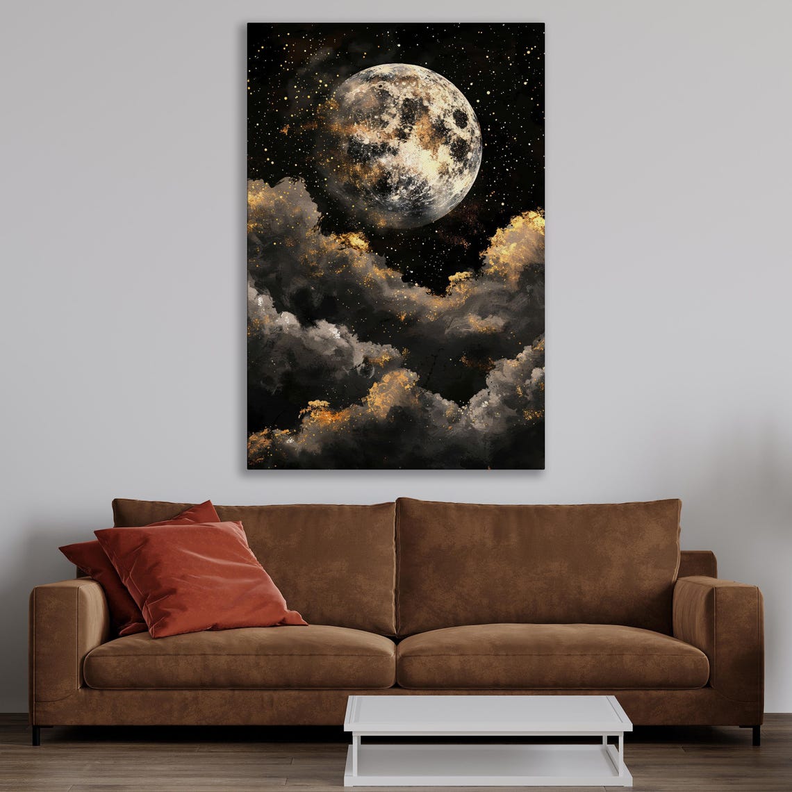 Full Moon Rising Over Golden Clouds Starry Night Sky Artwork Poster - Image 2
