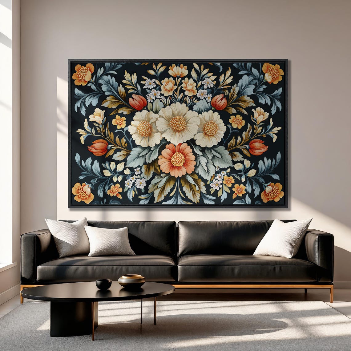 Dark Botanical Bouquet with Cream Blooms and Orange Tulips Poster - Image 3