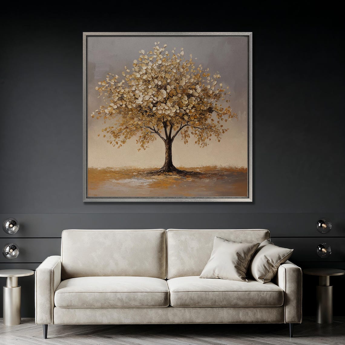 Elegant Cream and Gold Leaf Tree Abstract Nature Painting Wall Art - Image 3