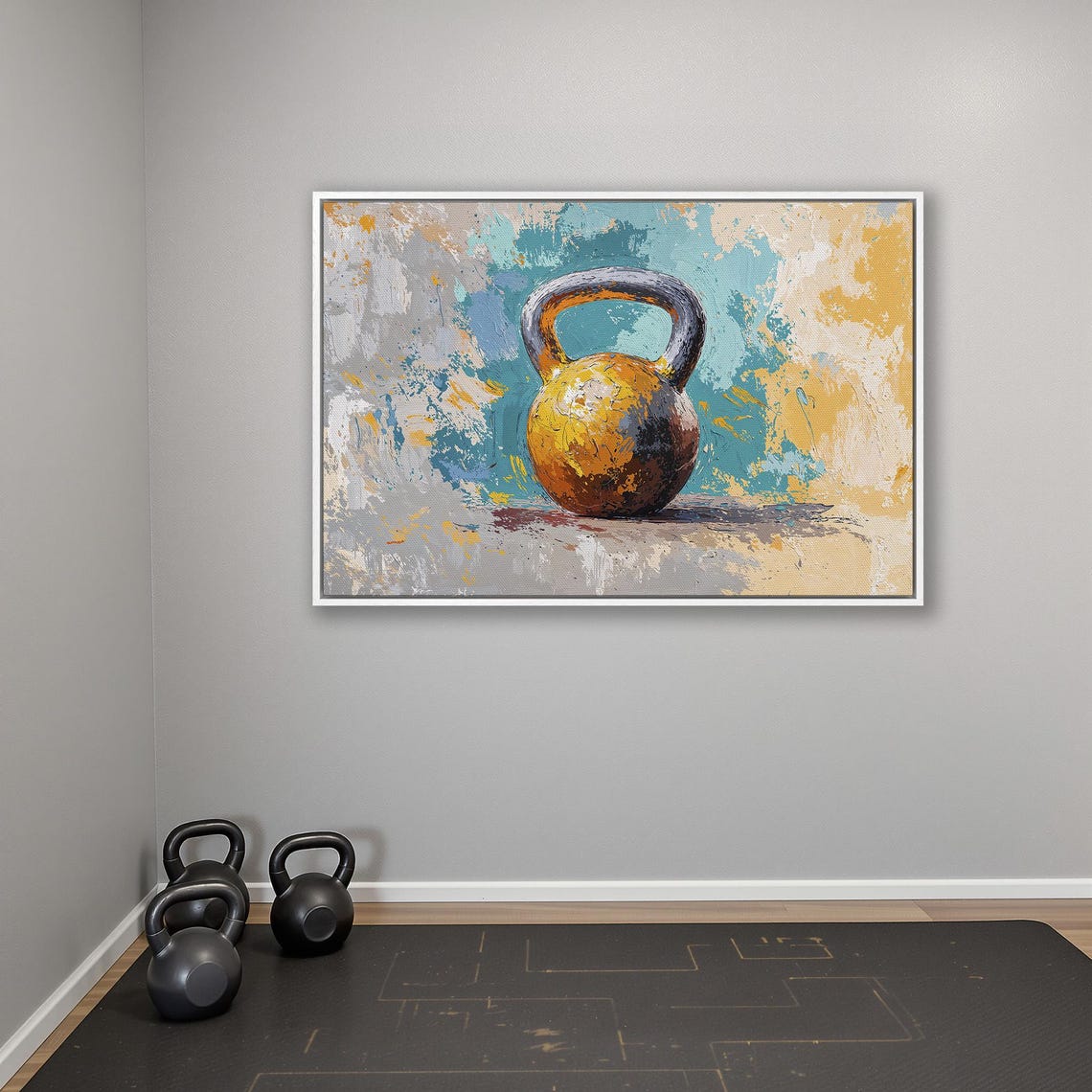 Rust Gold Kettlebell Still Life on Teal Textured Paint Poster - Image 4