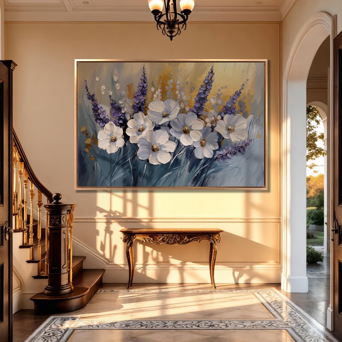 White Flowers And Lavender Sprigs On Golden Glow Painting Poster - Image 3
