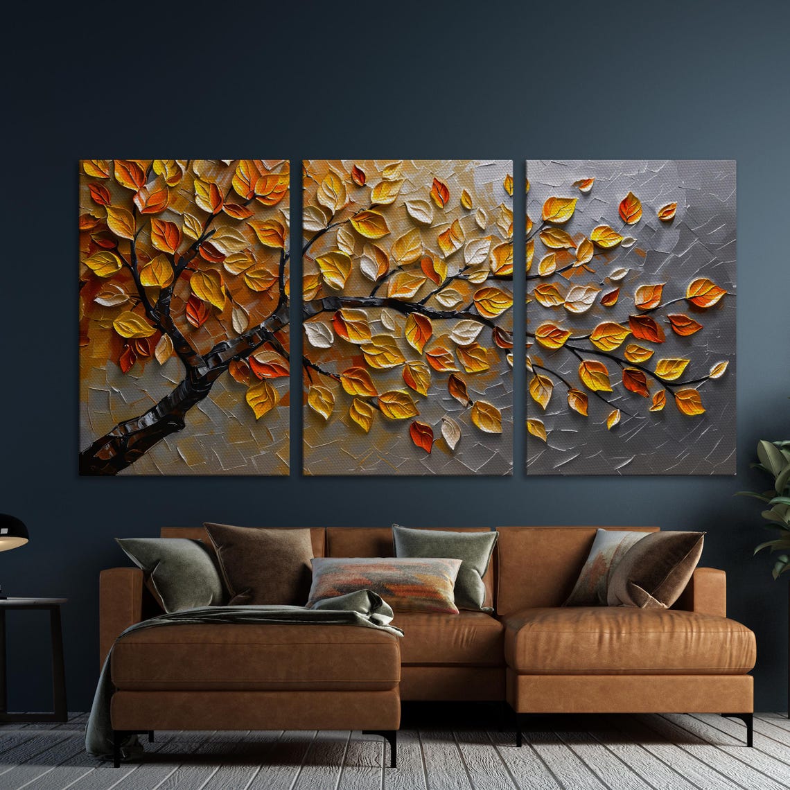 Abstract Autumn Tree Golden Leaves Textured Relief Art Poster - Image 5