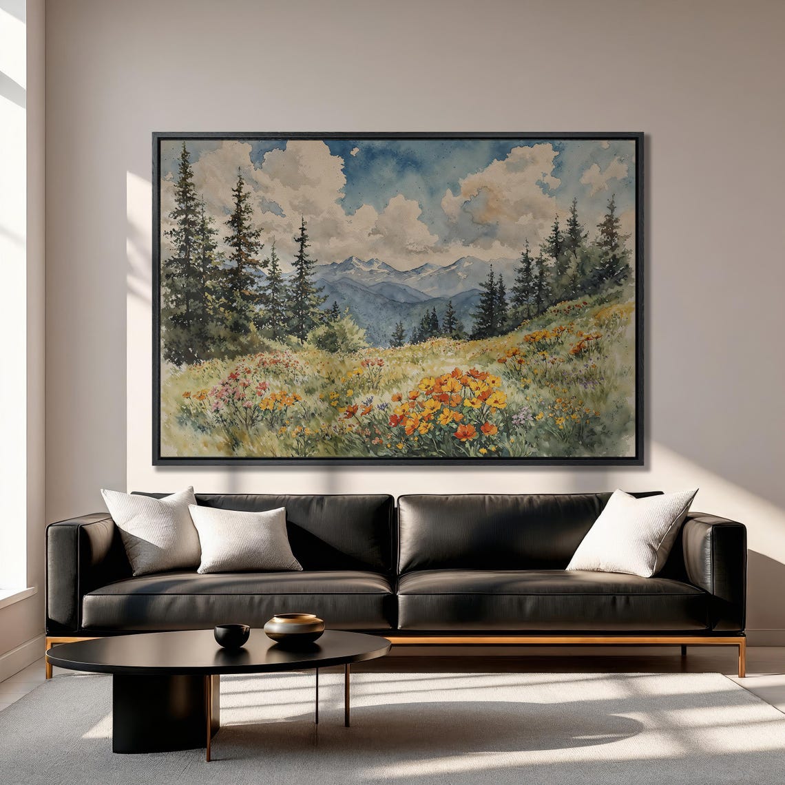 Mountain Wildflower Meadow Watercolor with Pine Trees Poster - Image 3