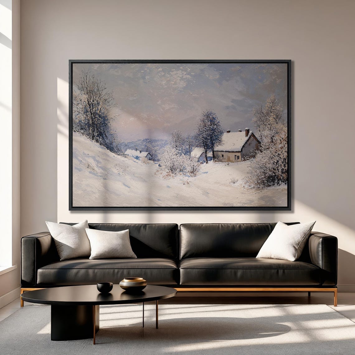 Winter Cabin In Snowy Forest Framed Print Extra Large Rustic Village Wall Art Nature Landscape Painting Print Ready To Hang - Image 3