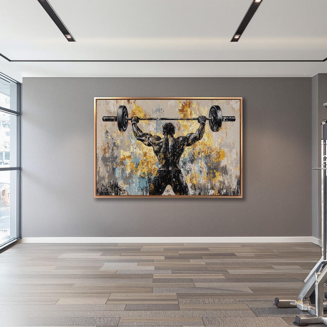 Strongman Lifting Barbell Overhead Back View Gold And Black Poster - Image 3