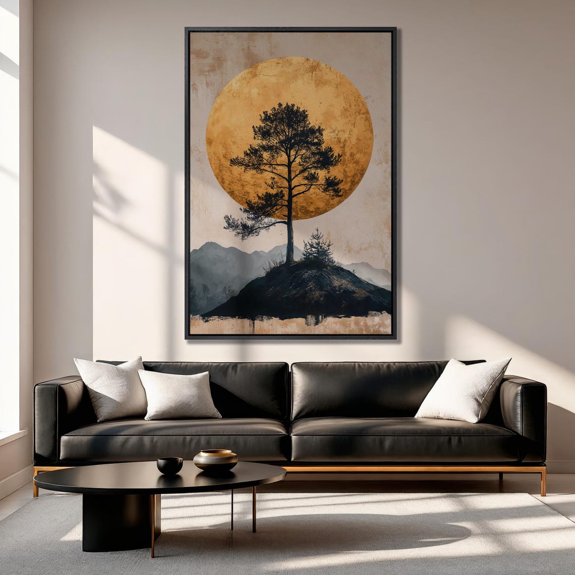 Lone Pine Tree Silhouette Against a Golden Moon Circle Poster - Image 4