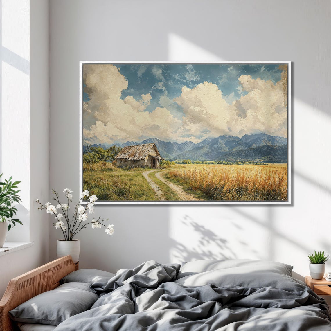 Mountain Landscape Framed Print Rustic Cabin By Road Wall Art Cloudy Blue Sky And Meadow Scene Decor For Home Ready To Hang - Image 2