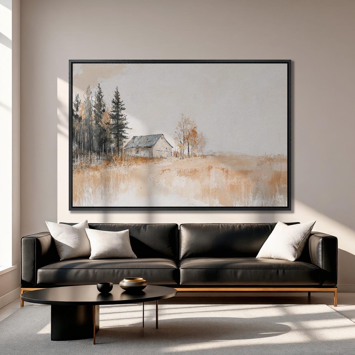 White Barn Beside Tall Pines Minimalist Autumn Field Painting Poster - Image 3