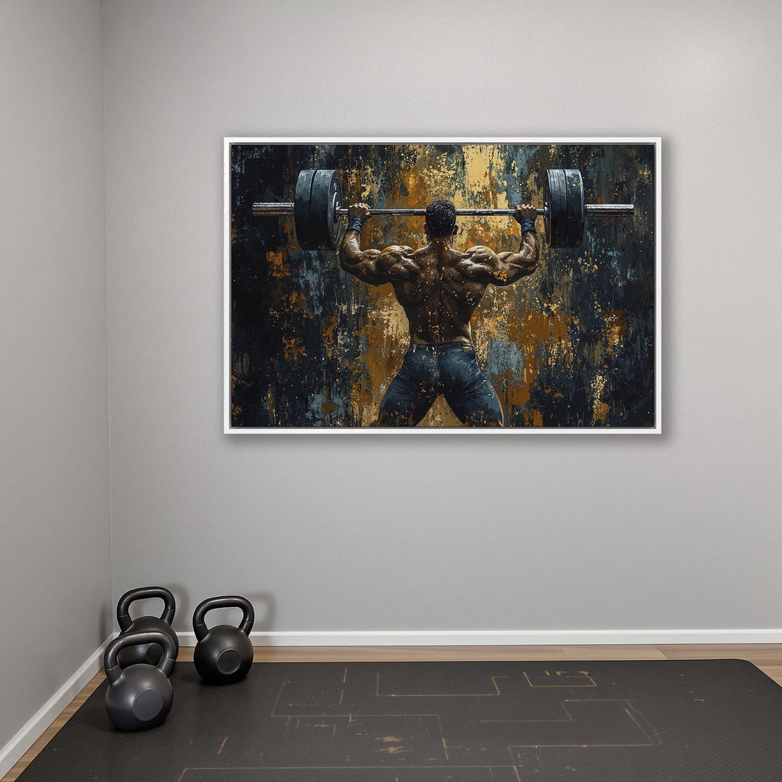 Weightlifter Back View Barbell Press in Teal Gold Brushwork Poster - Image 4