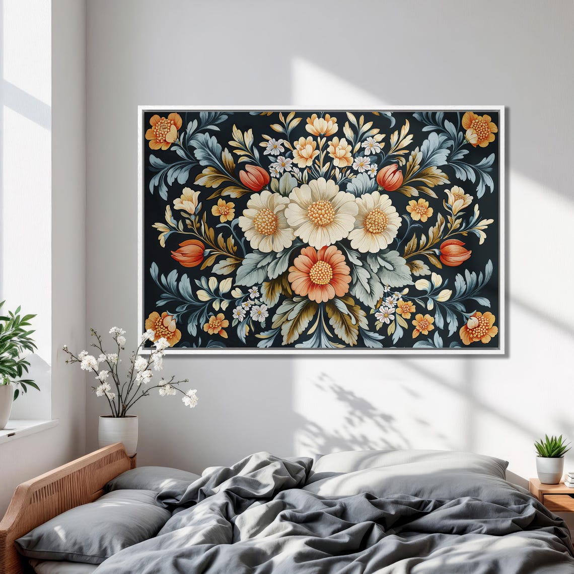 Dark Botanical Bouquet with Cream Blooms and Orange Tulips Poster - Image 2