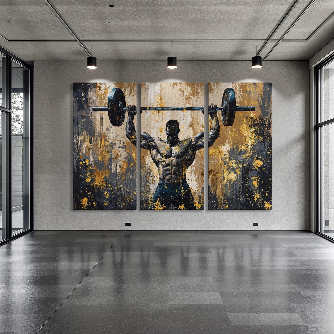 Bodybuilder Overhead Press in Gold and Charcoal Paint Style Poster - Image 6