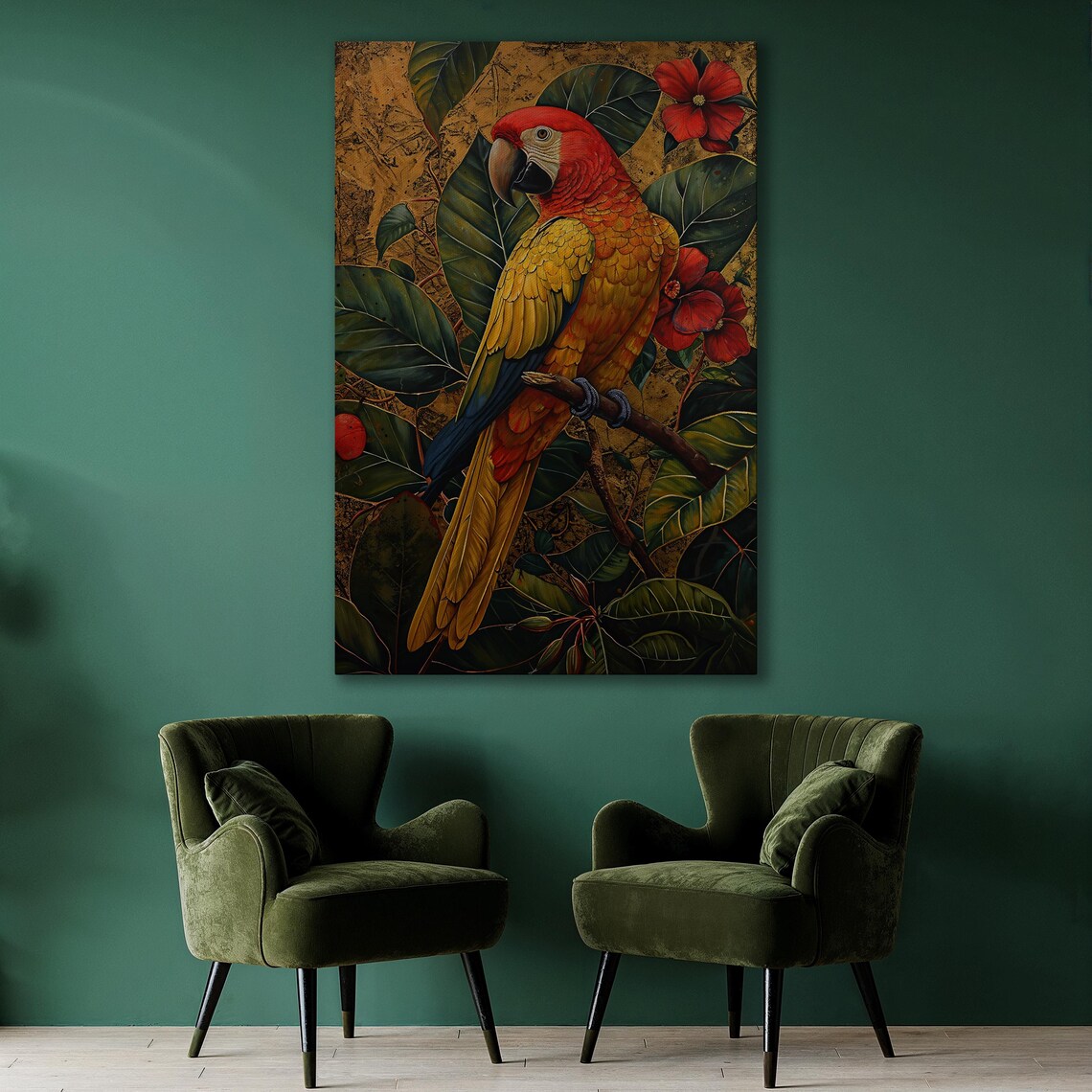 Scarlet Macaw Perched Among Red Flowers Tropical Parrot Art Poster - Image 2