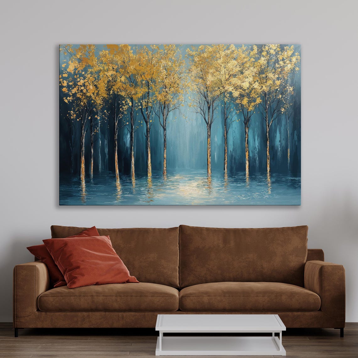 Golden Leaf Trees Rising From Blue Water Abstract Forest Art Poster - Image 3