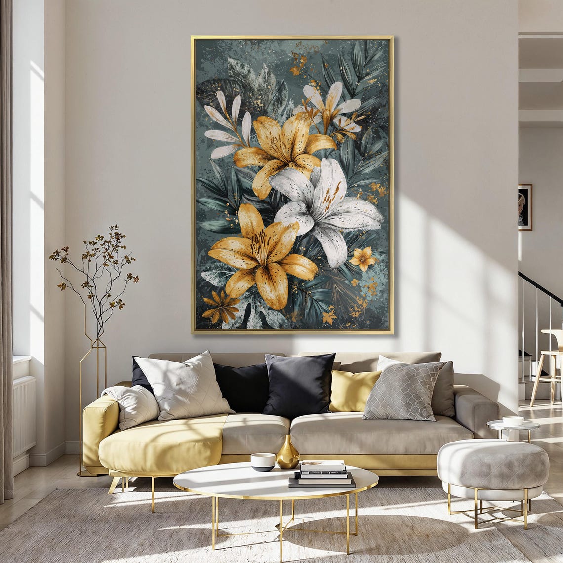 Golden and White Lily Bouquet on Dark Teal Botanical Art Print - Image 5