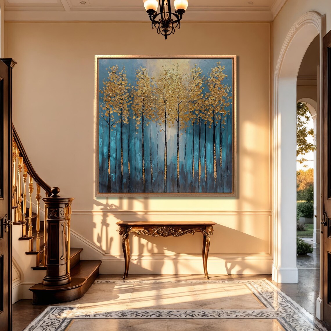 Abstract Trees With Golden Leaves Wall Art Modern Forest Landscape Painting Print Luxury Decor Blue And Gold Art Poster Ready To Hang - Image 4