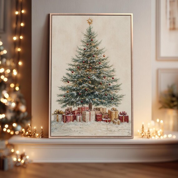 Traditional Christmas Tree Poster With Red Ornaments Gifts And Snow