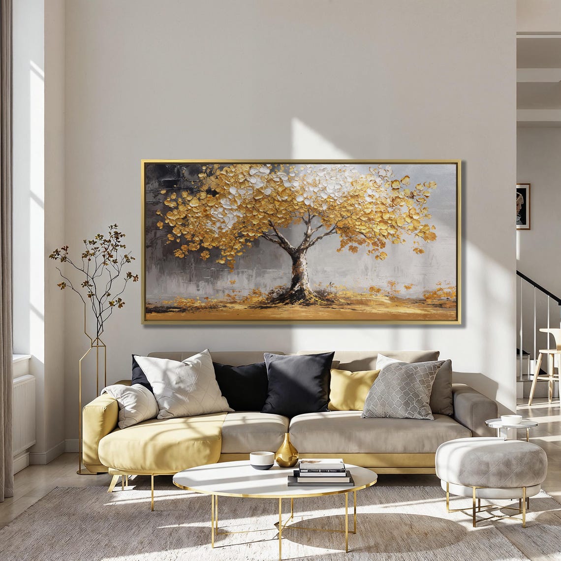Golden Textured Tree With Falling Leaves Abstract Landscape Poster - Image 3