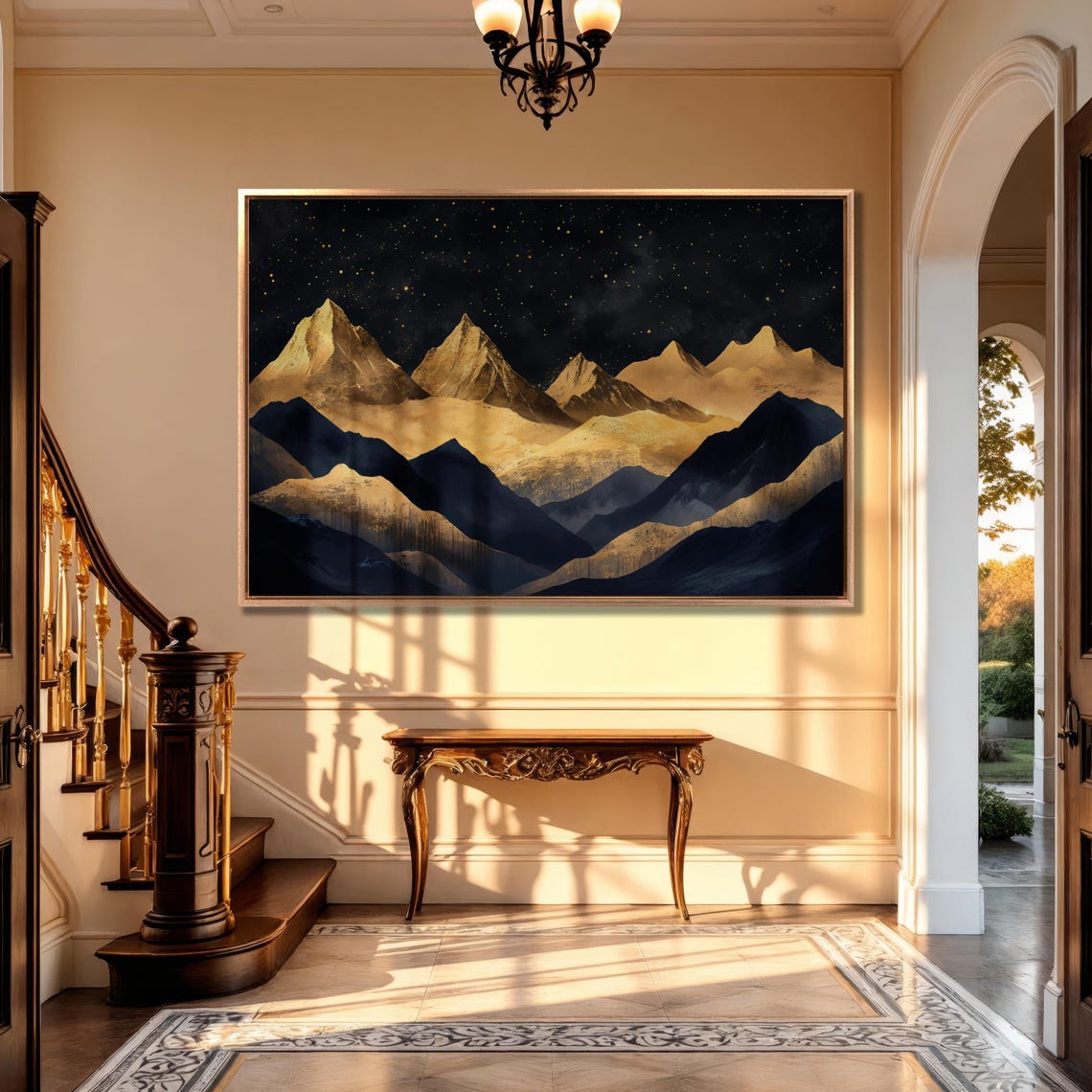 Night Mountain Landscape Wall Art Starry Sky Painting Print Black And Gold Modern Wall Decor Abstract Nature Art Poster Ready To Hang - Image 4