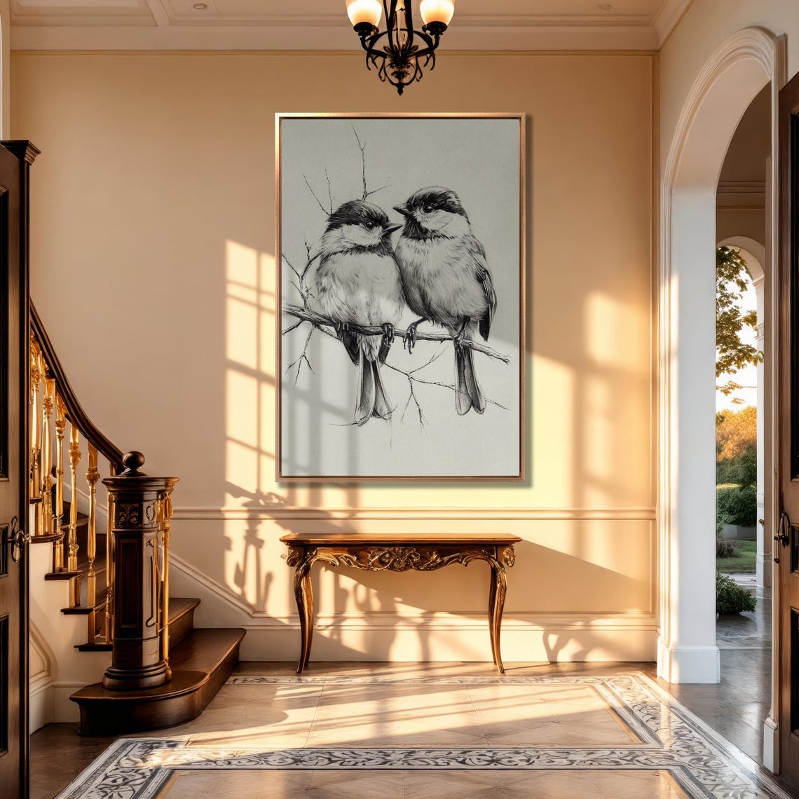 Two Fluffy Chickadees Perched Sketch Black and White Art Poster - Image 3