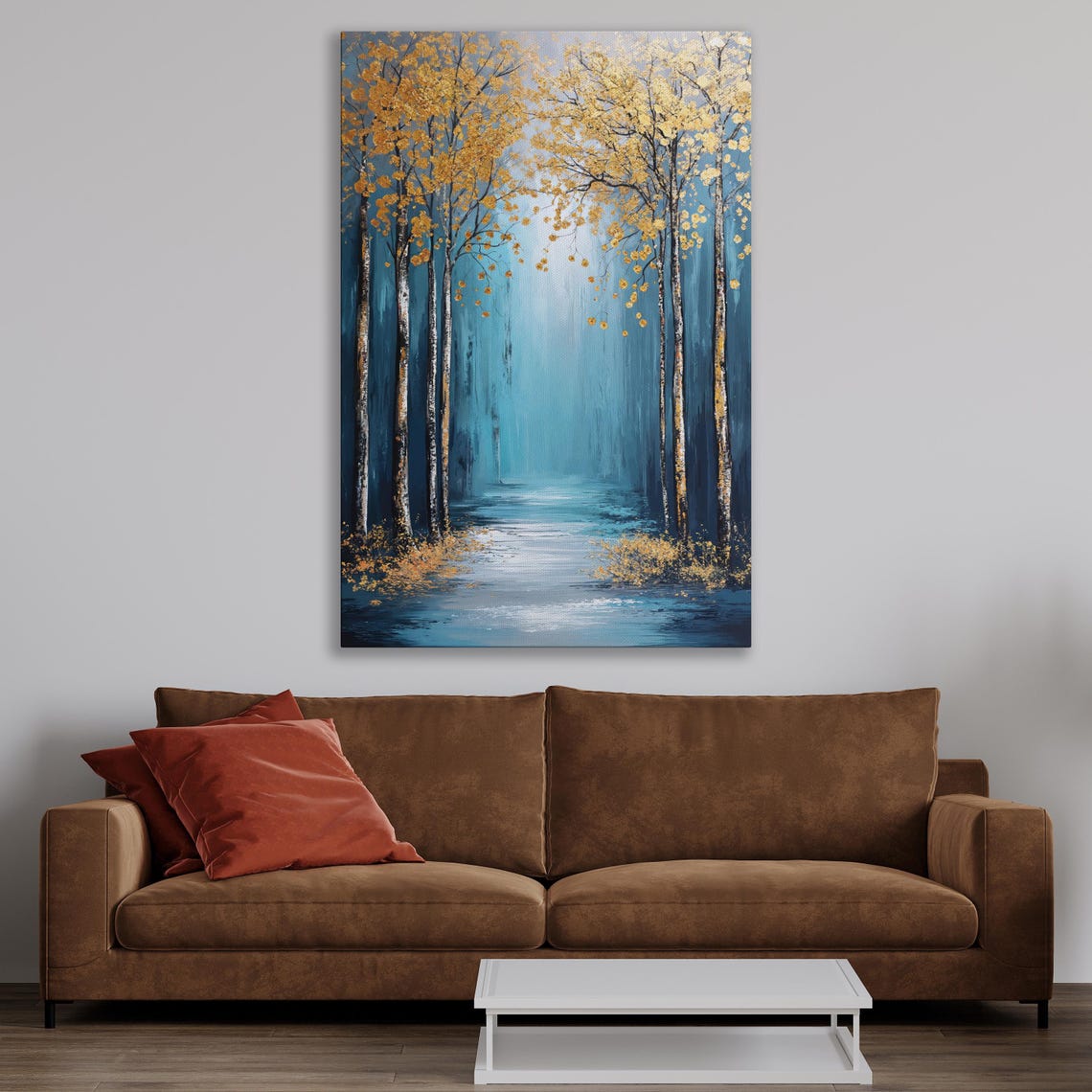Golden Leaf Birch Trees Along a Misty Teal Forest Path Poster - Image 3