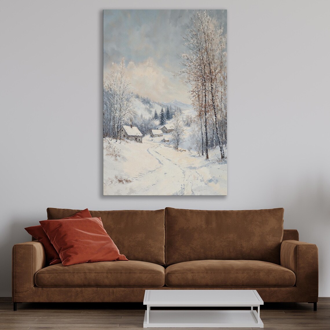 Snowy Country Road Past Wooden Cabins in Winter Woods Poster - Image 4