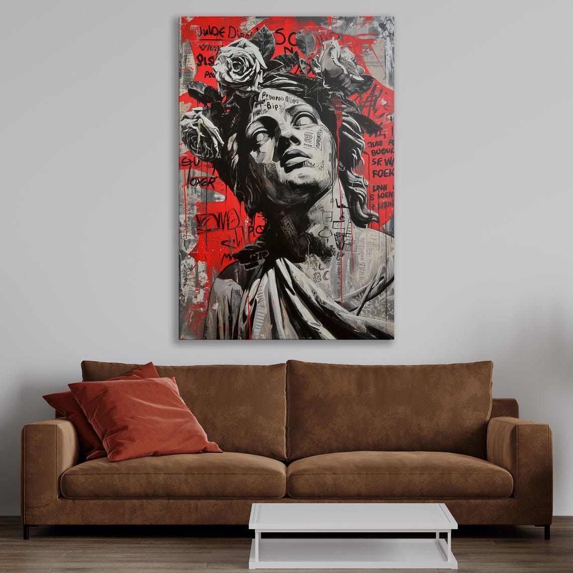 Classical Statue Bust With Roses on a Red Graffiti Art Poster - Image 2