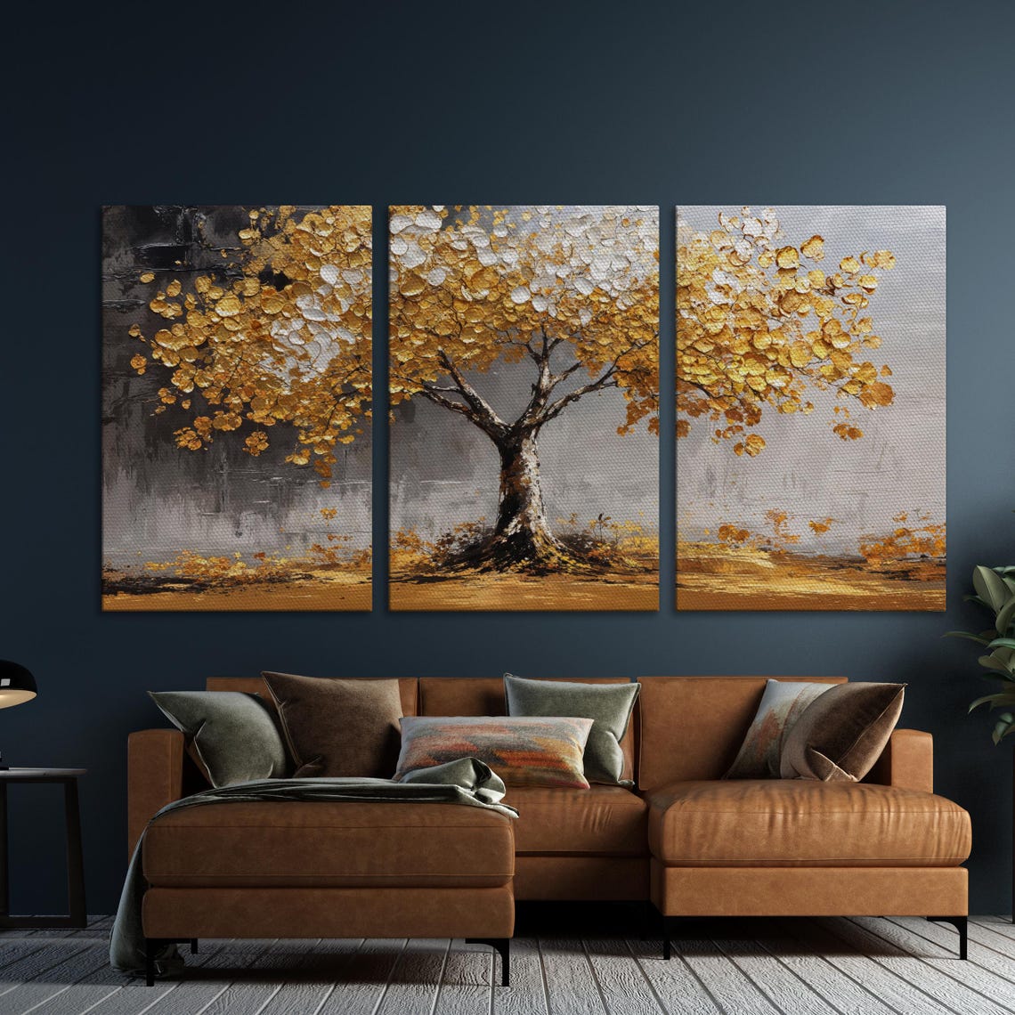 Golden Textured Tree With Falling Leaves Abstract Landscape Poster - Image 5