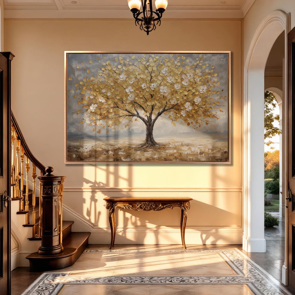 Golden Leaf Tree With White Blossoms Abstract Nature Painting Poster - Image 4