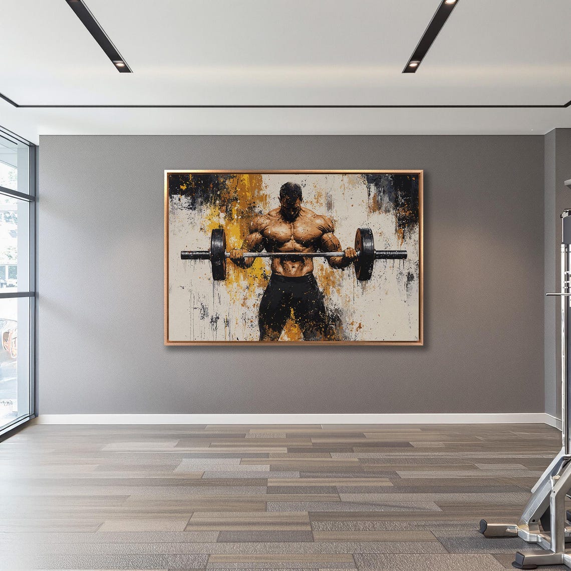 Muscular Man Curling Barbell In Black And Gold Splash Art Poster - Image 3