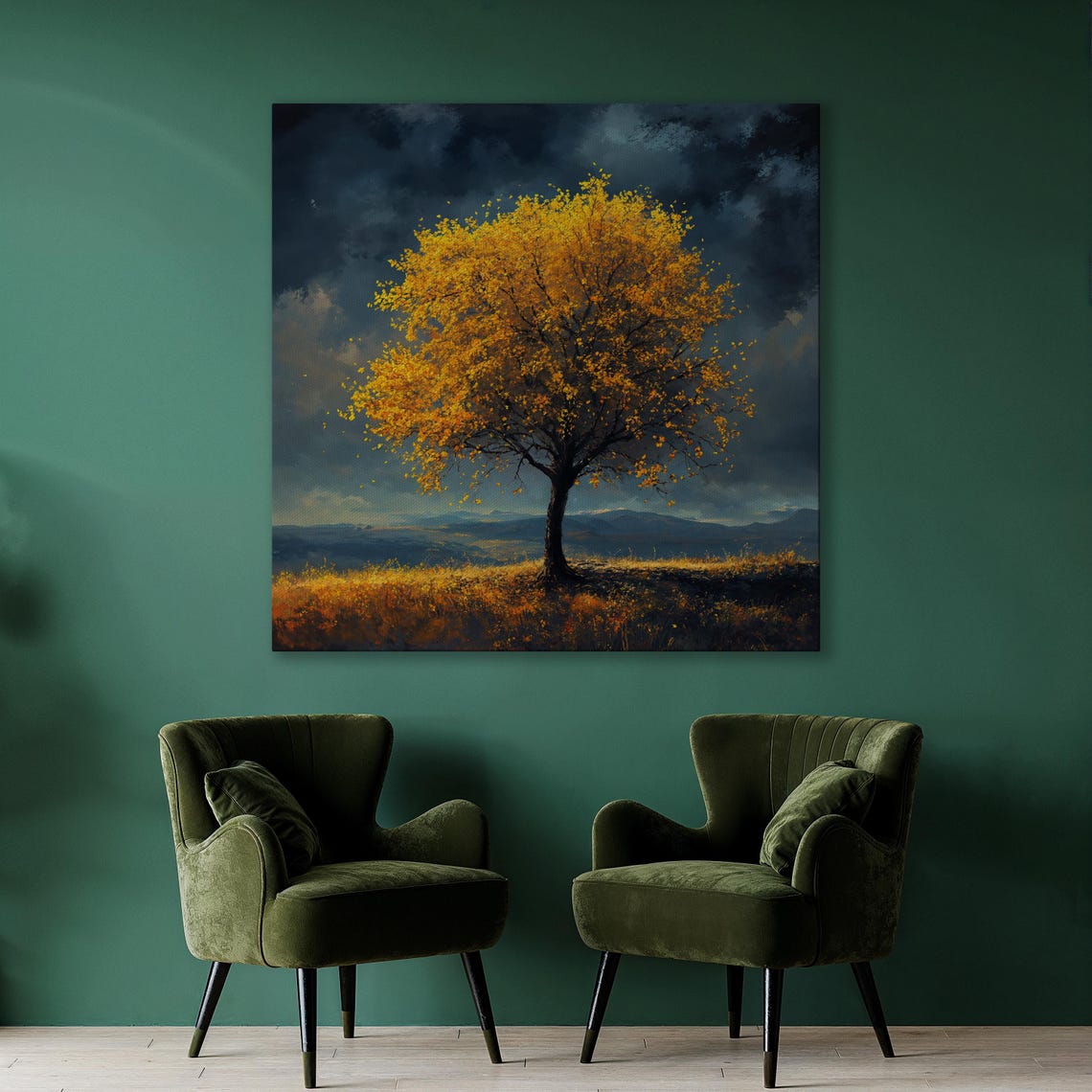 Yellow Tree Under a Dramatic Stormy Sky in a Meadow Landscape Poster - Image 2