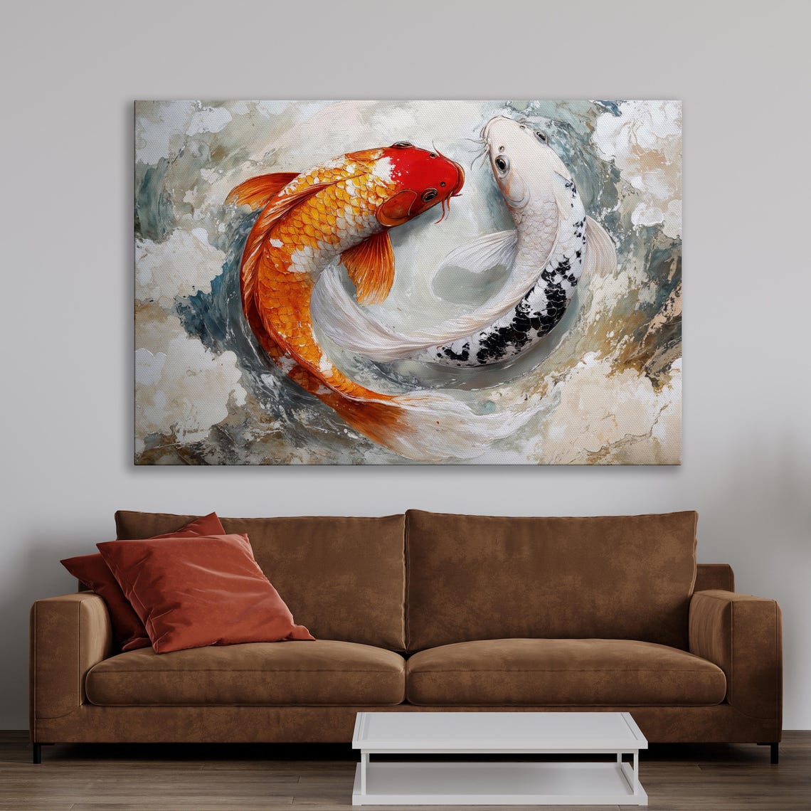 Yin Yang Koi Fish Pair Orange White Asian Inspired Pond Art Poster - Image 4