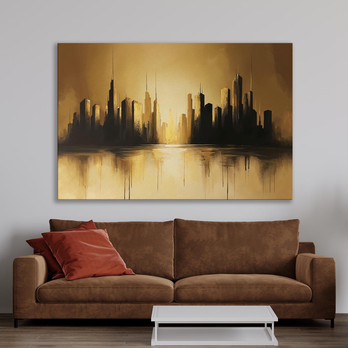 Golden And Black Cityscape Skyline Reflection Abstract Poster - Image 2