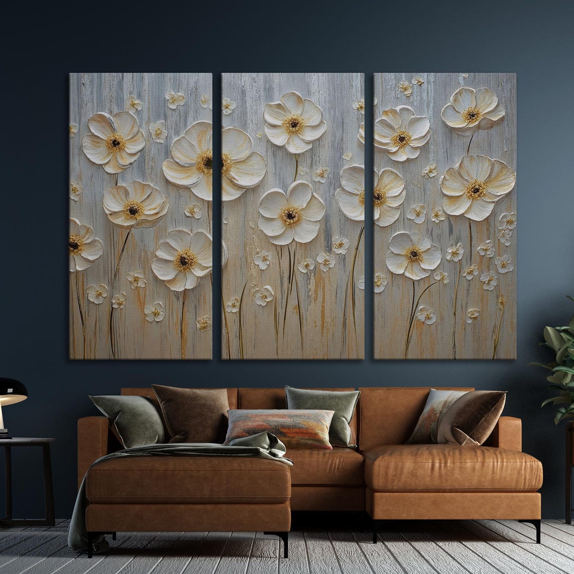 White Blossoms With Gold Centers Textured Floral Painting Poster - Image 5