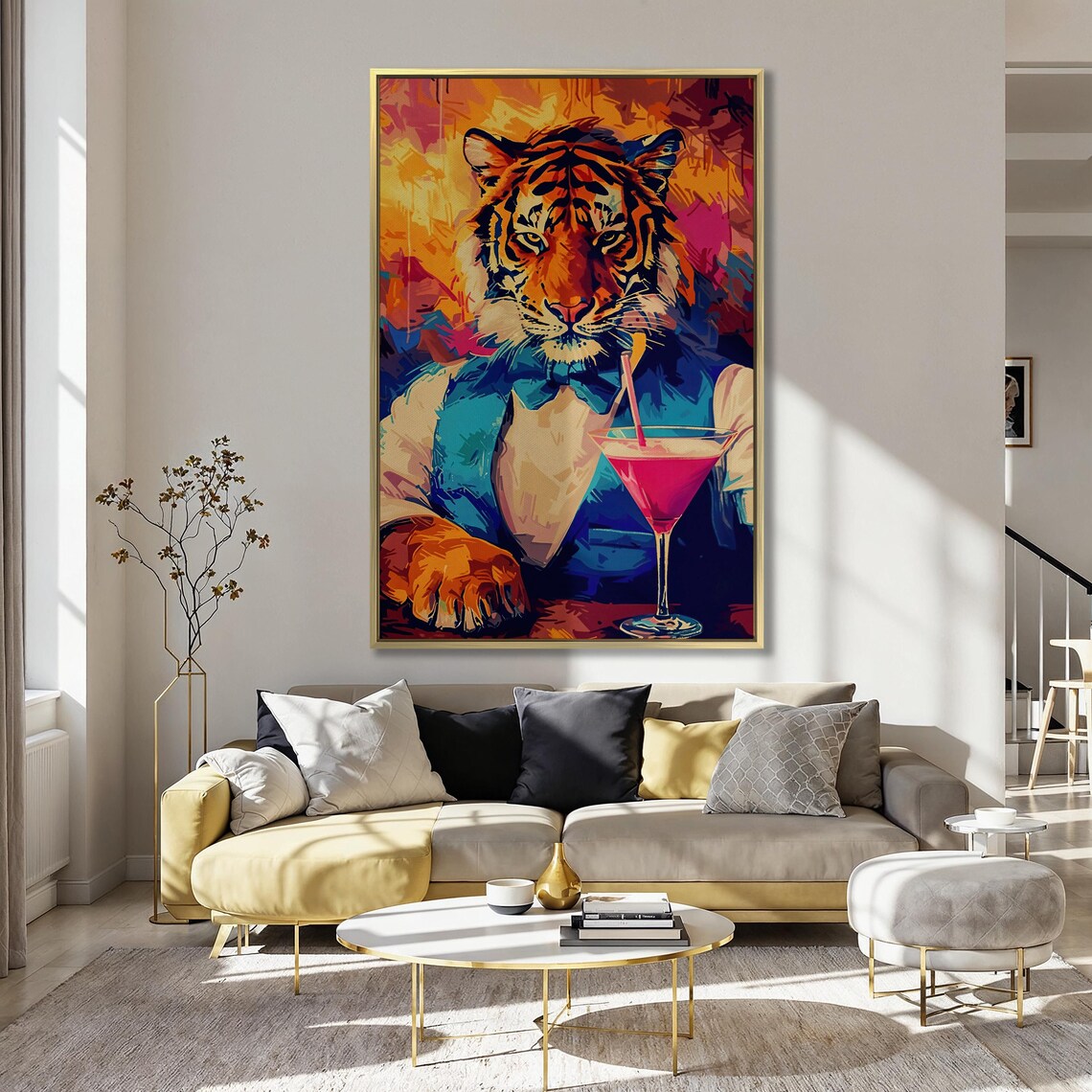Colorful Pop Art Tiger in a Suit With a Pink Cocktail Drink Poster - Image 4