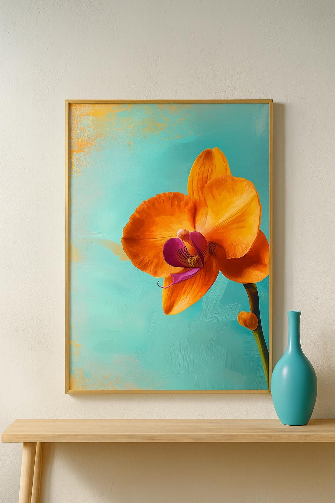 Orange Orchid Macro Turquoise Canvas Tropical Flower Art Poster