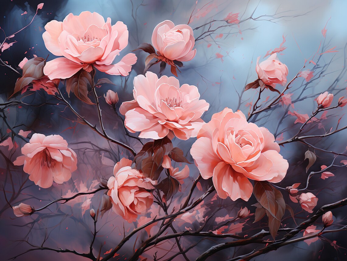 Blush Pink Wild Roses Dark Branches Moody Floral Painting Poster