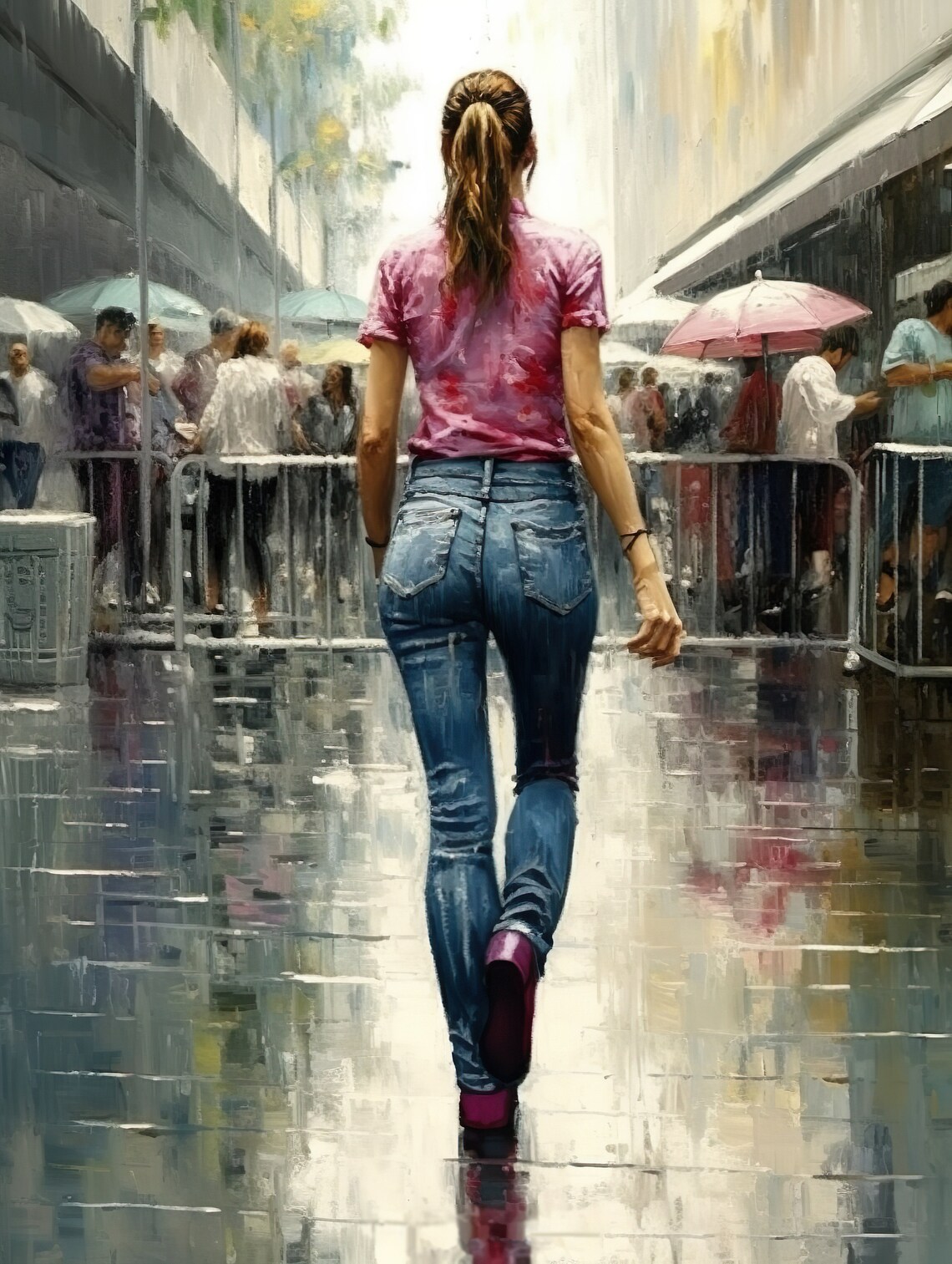 Rainy Street Woman in Jeans Walking Through City Crowd Oil Print