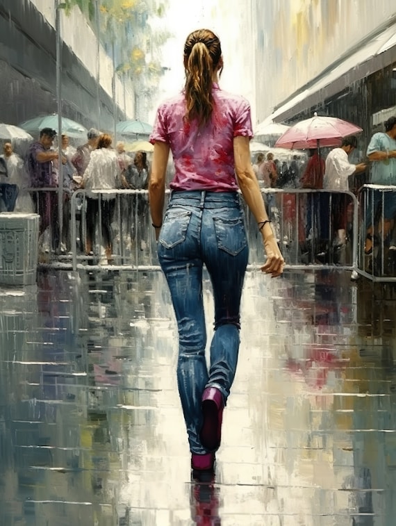 Rainy Street Woman in Jeans Walking Through City Crowd Oil Print